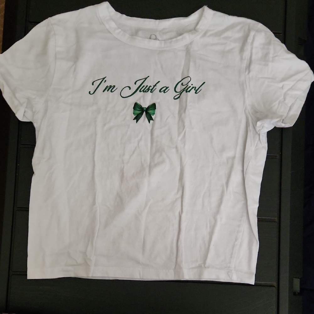 Girls White Shirt with Green Bow Design